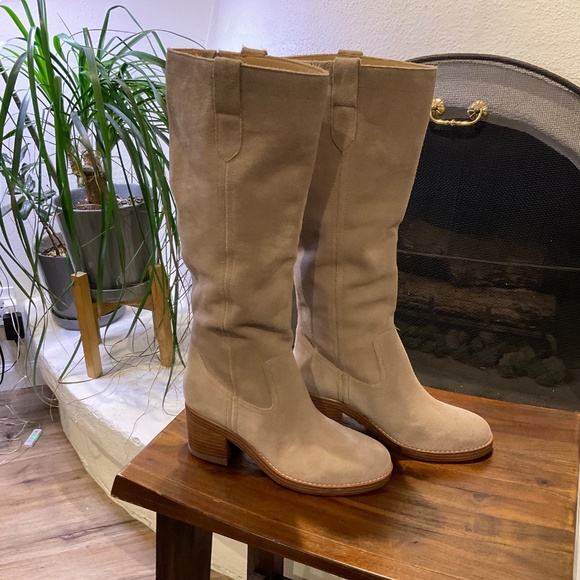 Hecee Block Heel Tailored Leather Boots Tan Suede Size 6.5 - Picture 2 of 10